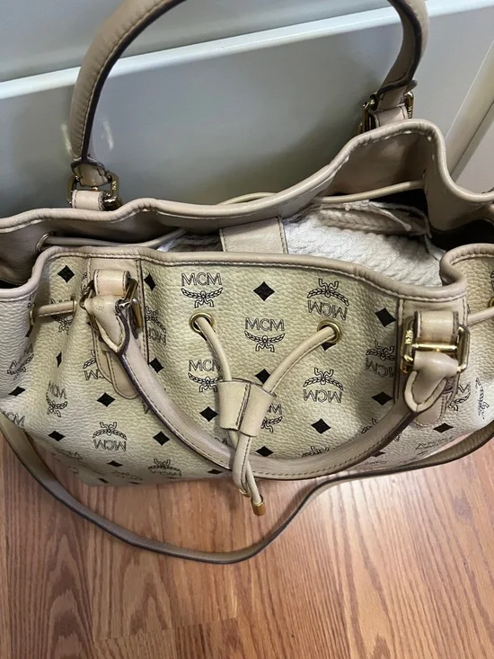 MCM Beige Logo Drawstring Tote with Gold Hardware - Picture 8 of 13